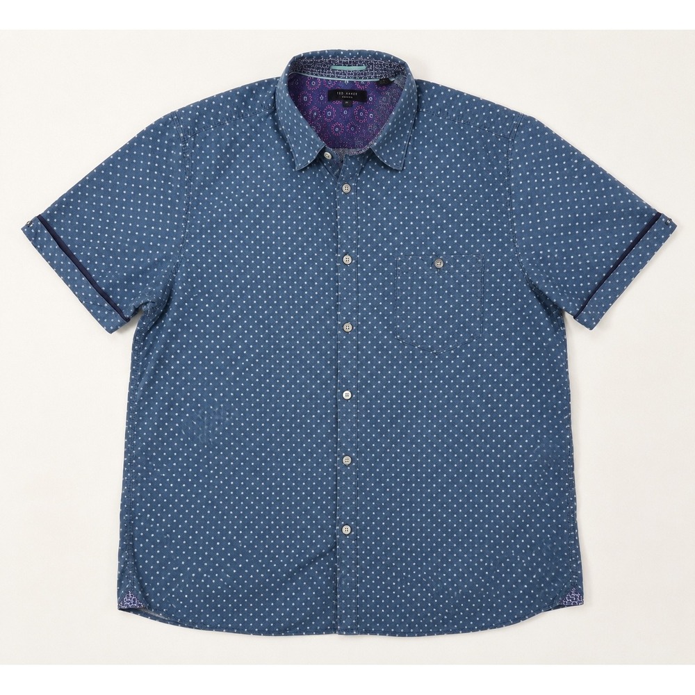 Ted‎ Baker London Mens Blue Geometric Diamond Print Short Sleeve Shirt Size 5 XL